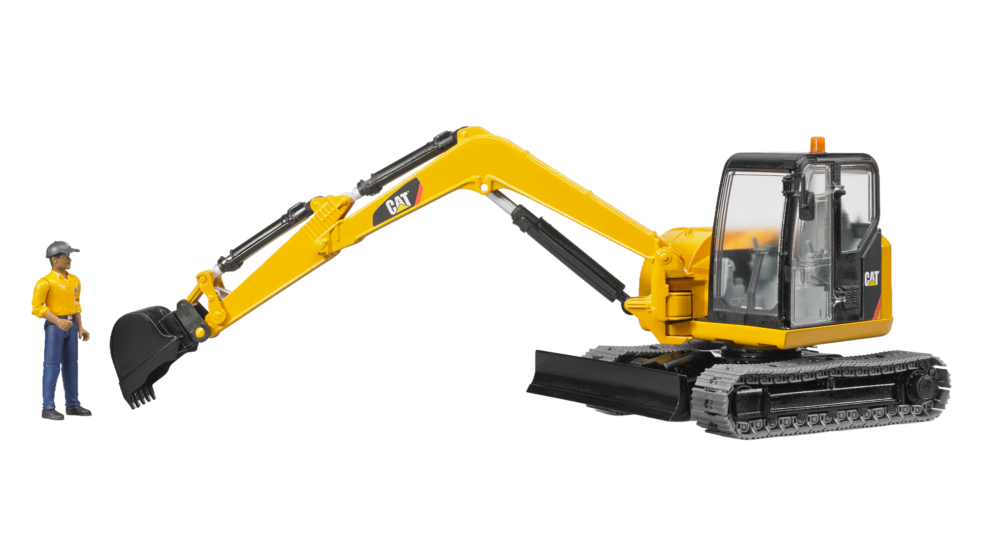 Yellow Bruder Cat mini excavator model with articulated arm and worker figure in Vehicles & Remote Controlled Toys collection