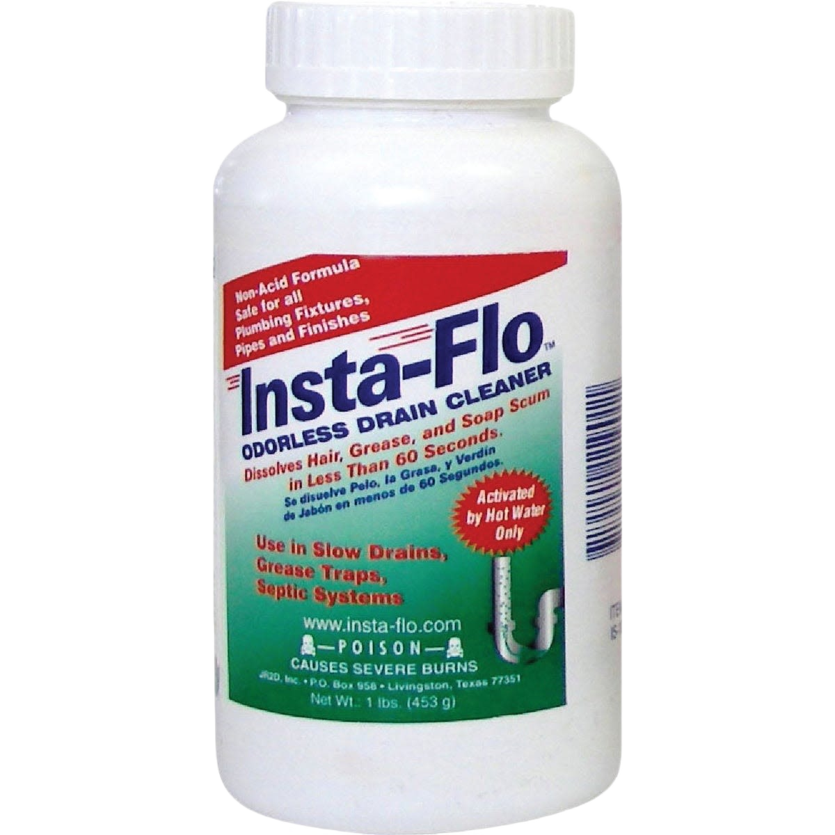 White plastic bottle of Insta-Flo crystal drain cleaner for plumbing and drain openers under $50 collection