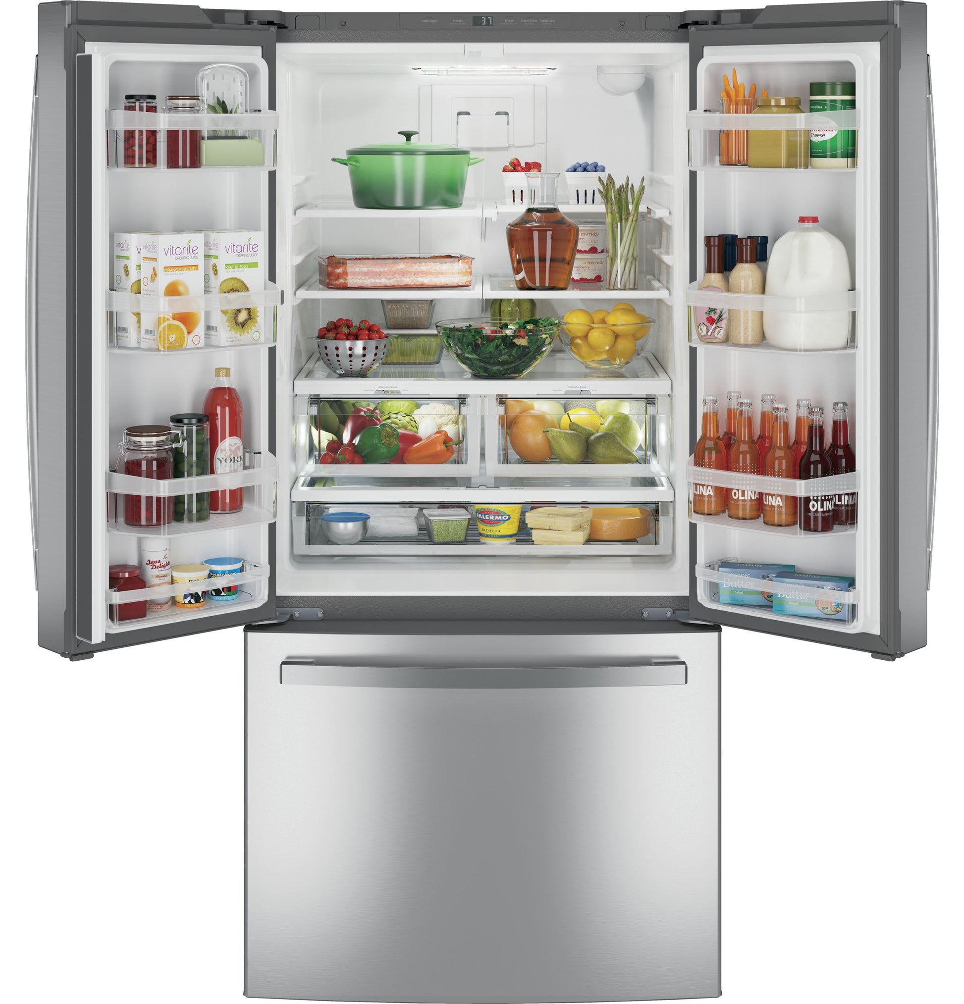 Open stainless steel French door refrigerator filled with fresh groceries in kitchen appliances and refrigerators collection