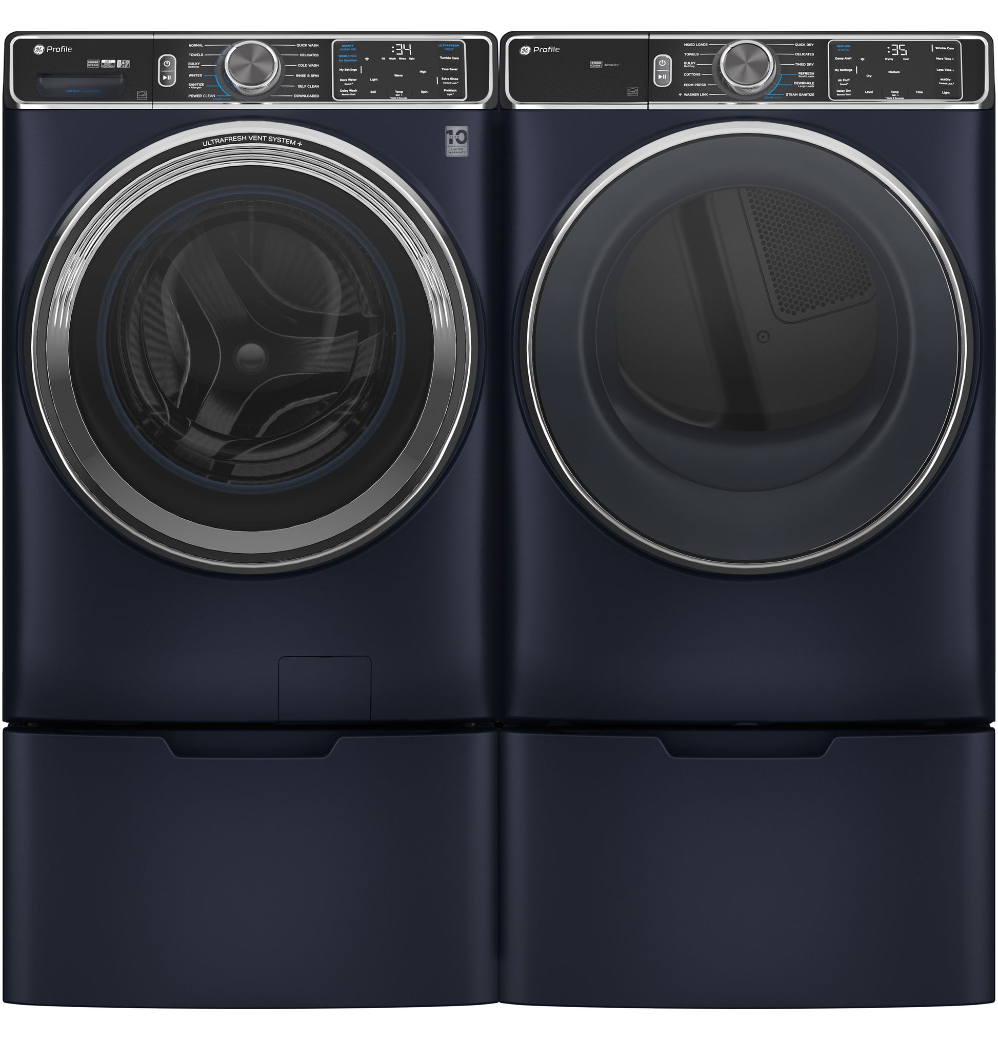 Front-load dark navy washer and dryer set with digital controls on matching laundry pedestals in appliance parts collection