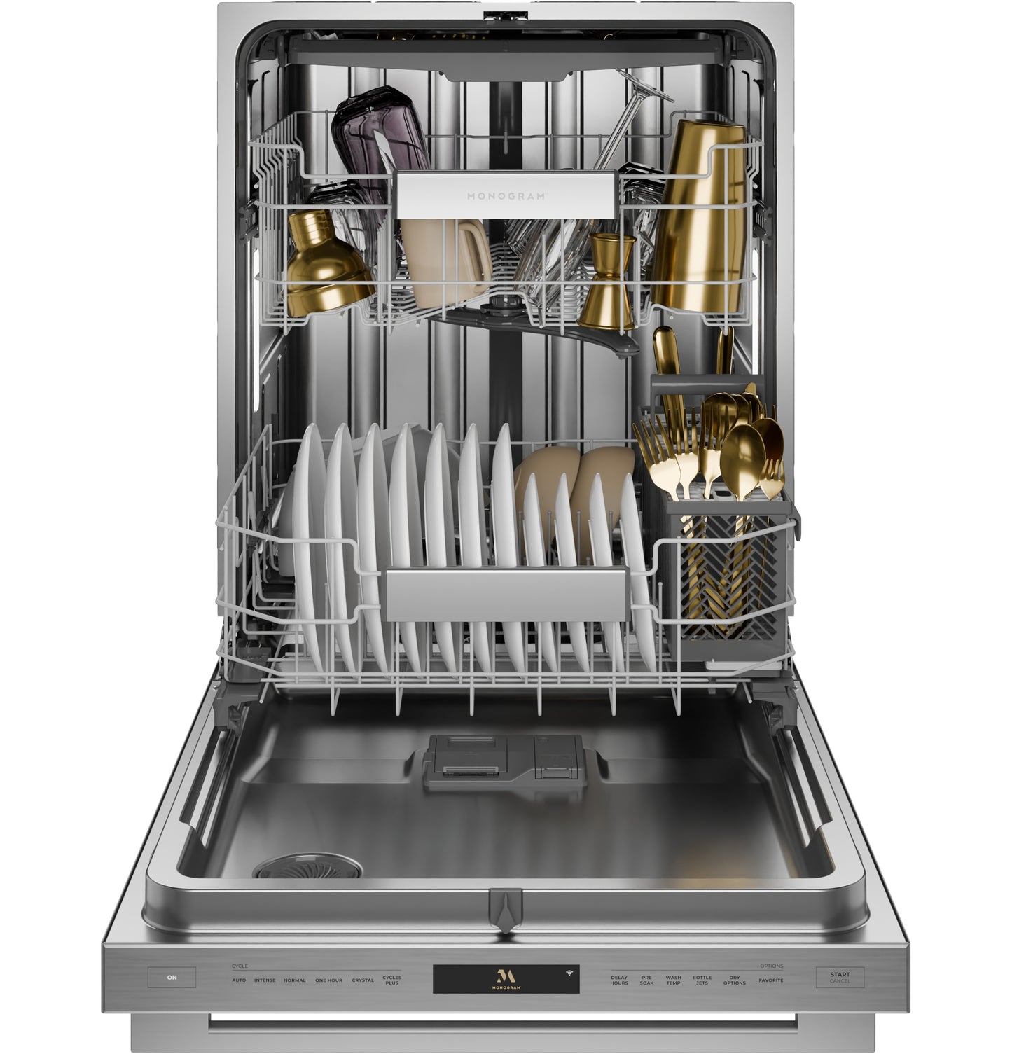 Open stainless steel integrated dishwasher loaded with plates, glassware, and gold-toned utensils in racks and compartments