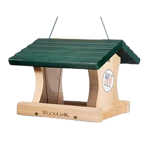 Small wooden garden feeder with green roof and open sides for outdoor bird feeding and garden use