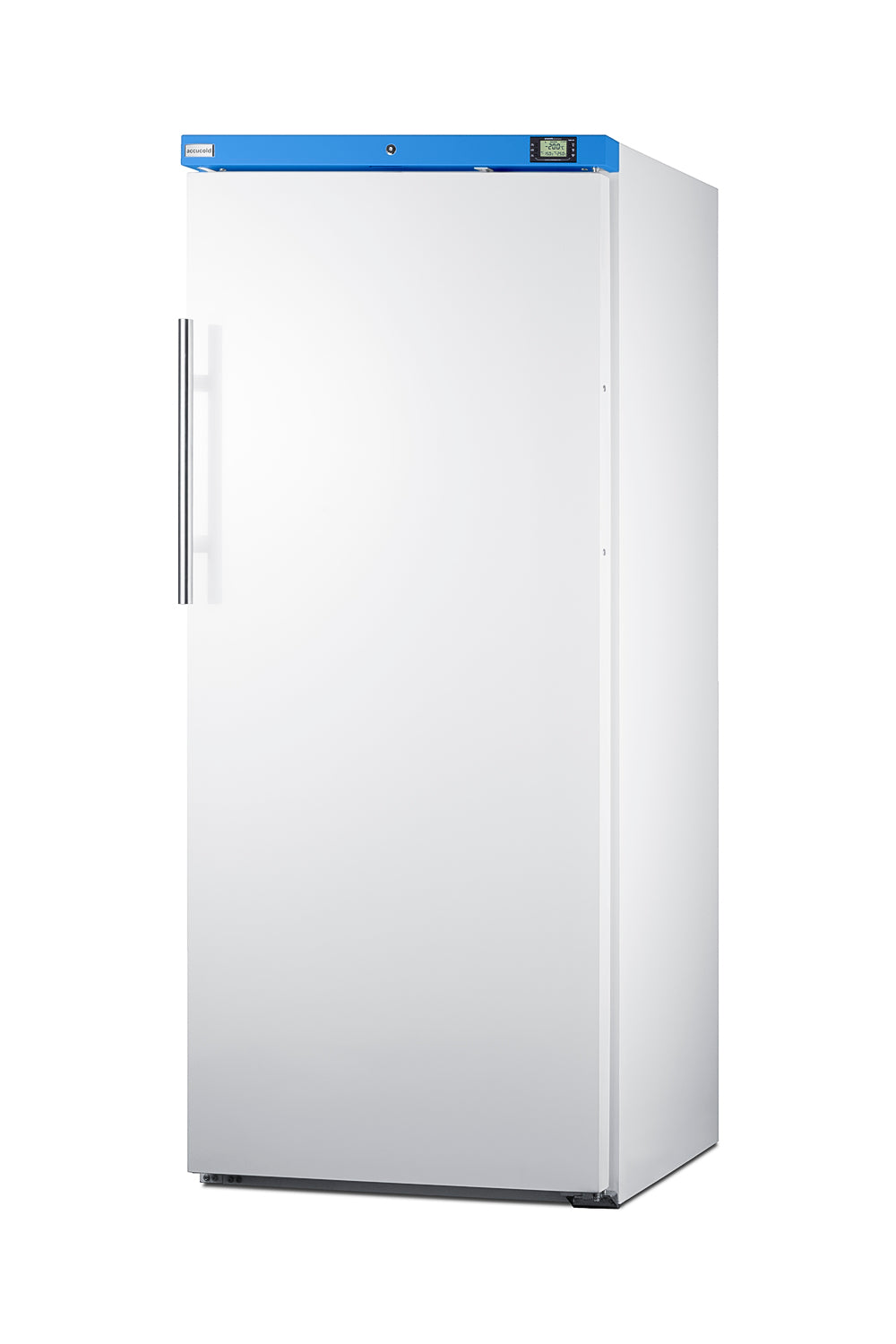White upright manual defrost freezer with blue top panel and digital temperature display in appliances collection