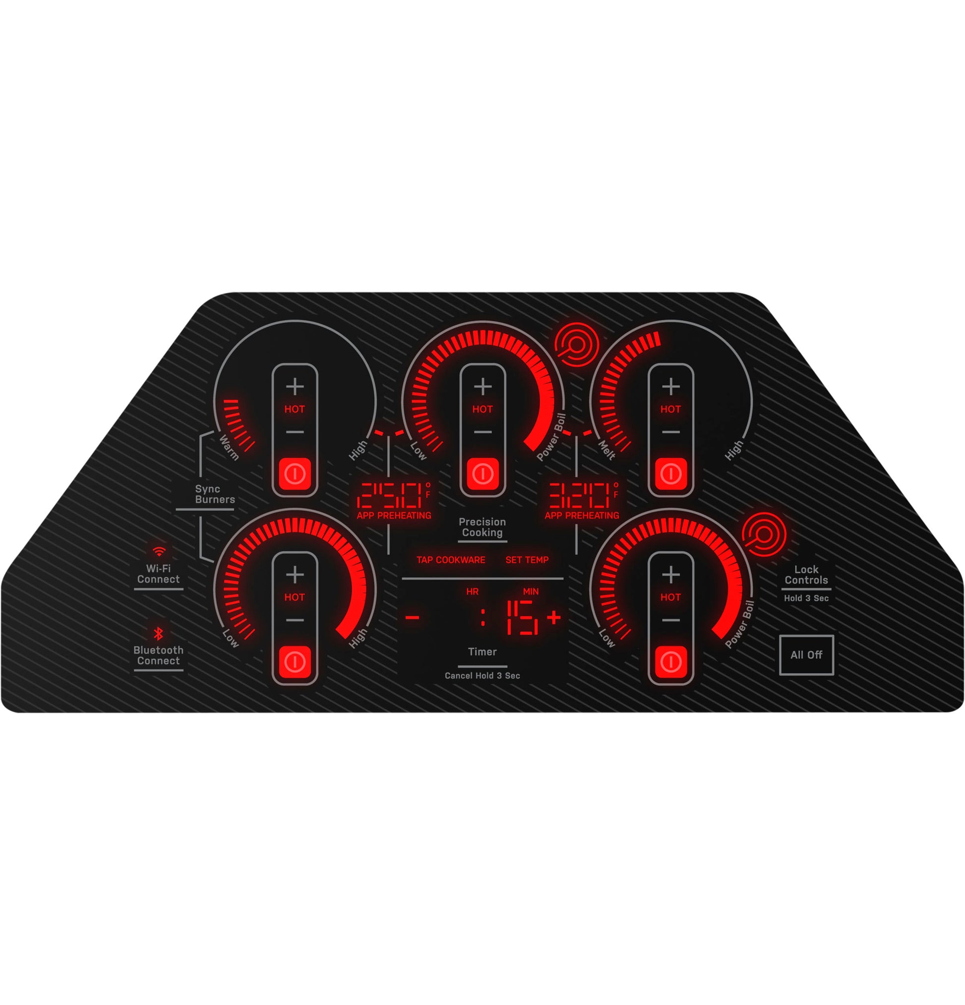 Black touch control panel with five heating zones and digital timer for cooktops in kitchen appliances collection