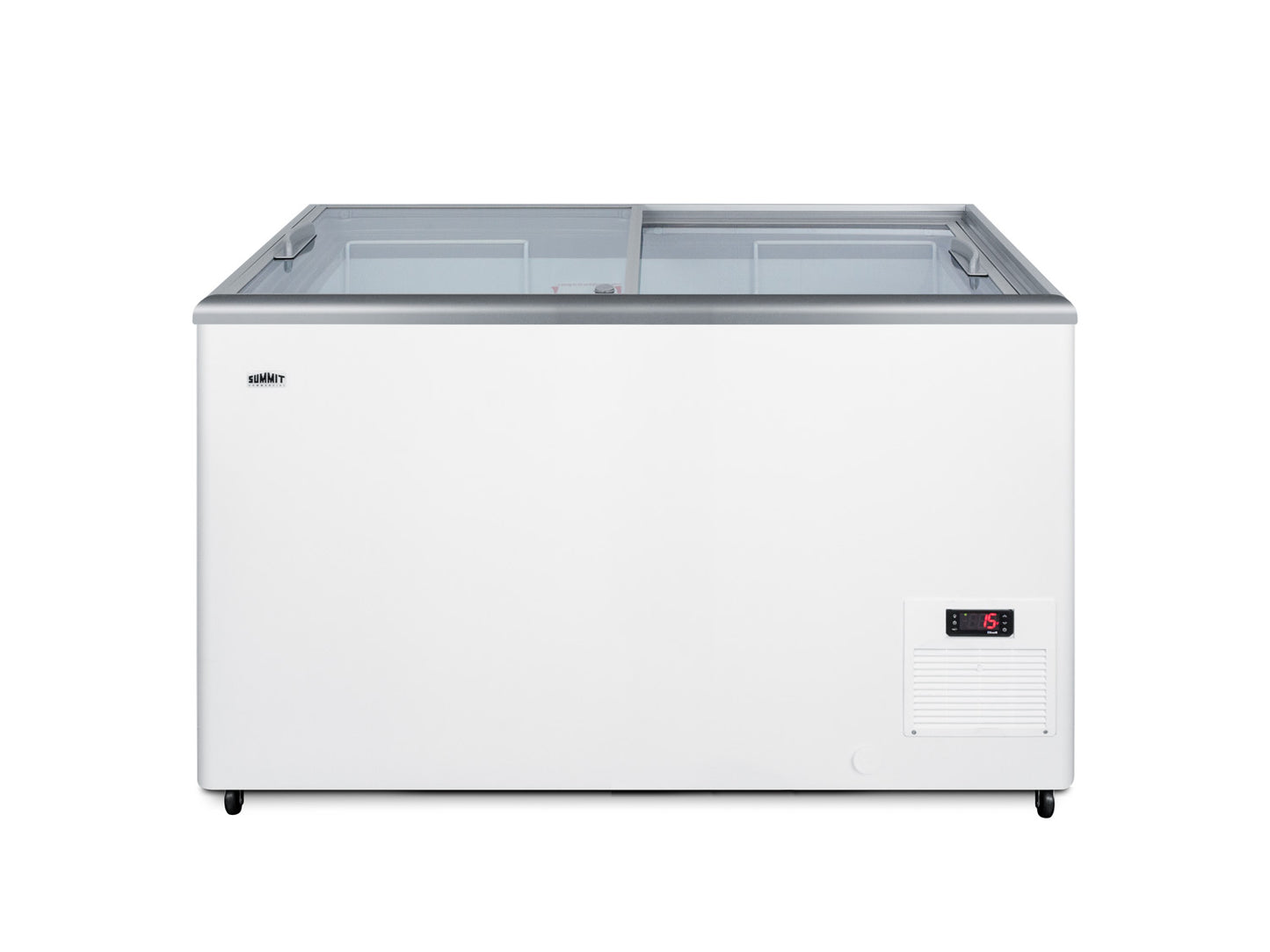 Commercial flat top chest freezer with dual tempered glass lids and digital temperature display in freezers collection
