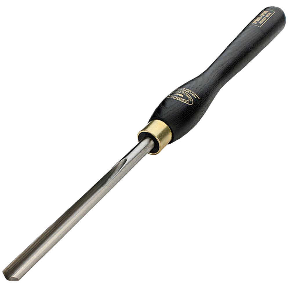 Short bowl gouge woodturning tool with black handle and polished steel blade for precision woodworking tasks