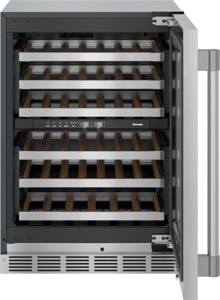 Under counter wine cooler with stainless steel exterior, glass door, right hinge, digital controls, and wooden racks from Thermador