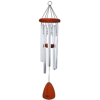 18-inch silver metal wind chime with wooden accents for outdoor living and garden decor under $50 category