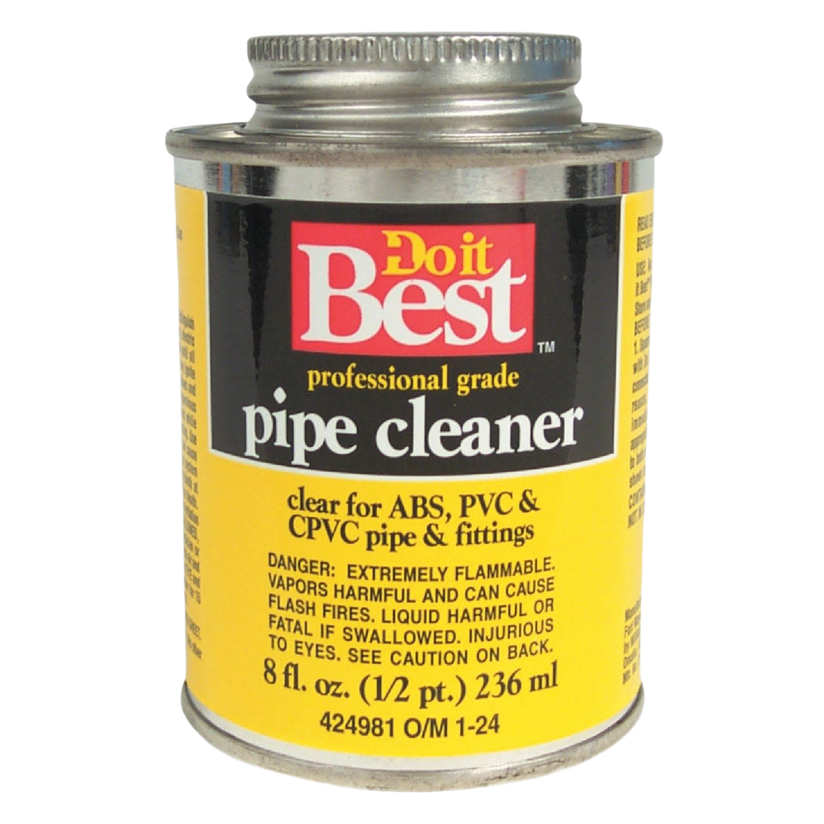 Small metal can of clear professional grade pipe cleaner for ABS, PVC, and CPVC pipe and fittings in home improvement use
