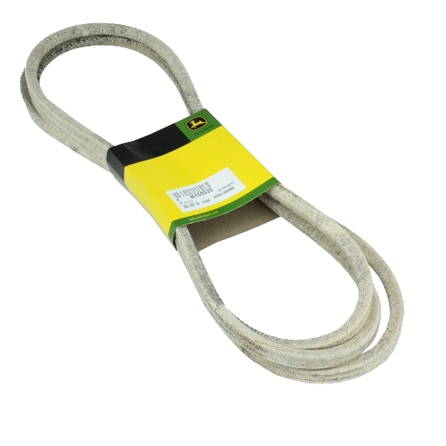 Fabric-reinforced mower deck drive belt with John Deere branded packaging for tools and home improvement use