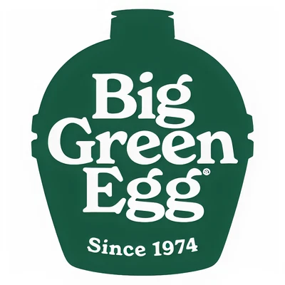 Dark green silhouette of a ceramic grill shaped like an egg with the white text 