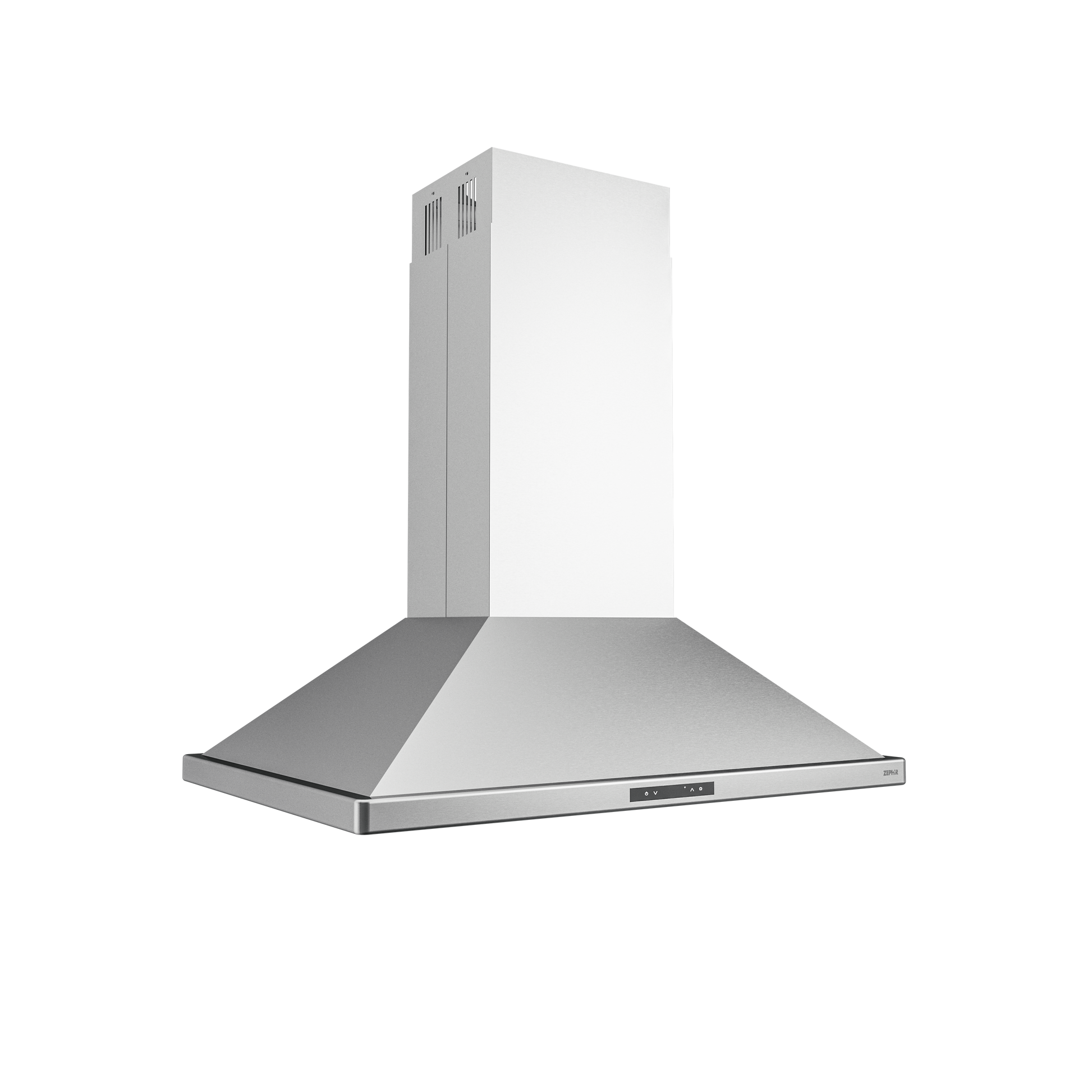 Stainless steel island range hood with digital touch controls and upward-angled design in kitchen appliances collection