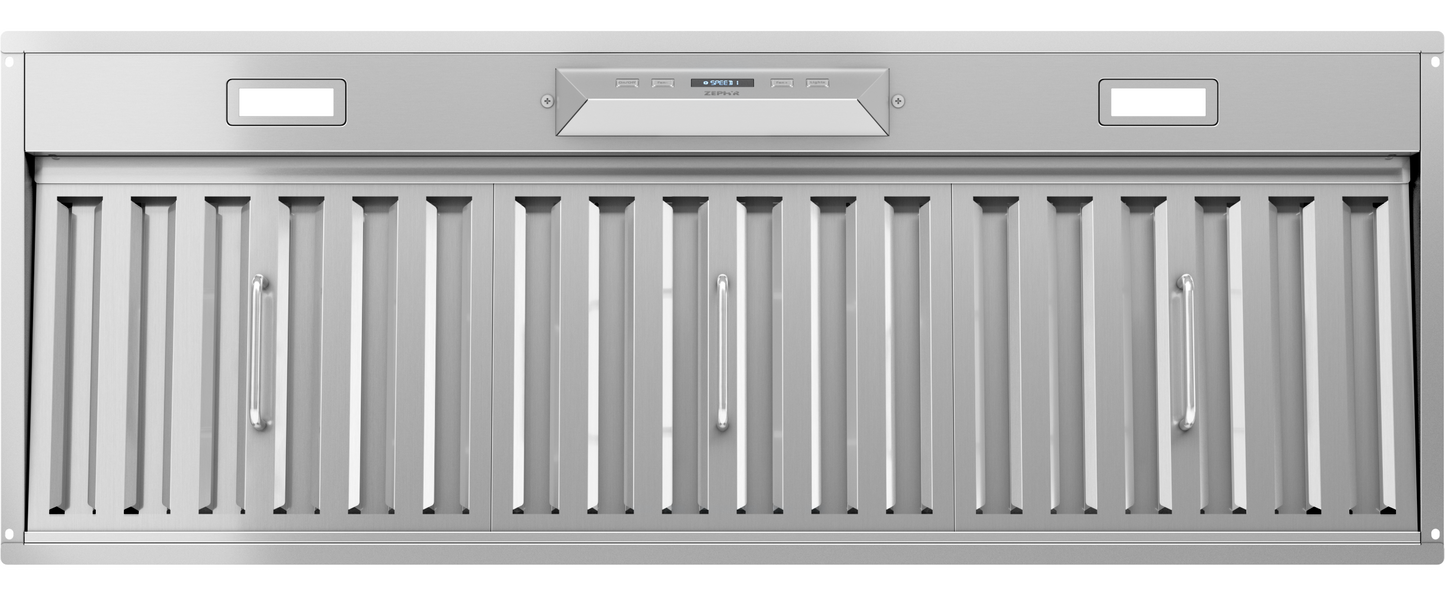 Stainless steel 40-inch insert range hood with vertical vent panels, electronic controls, and LED lighting, suitable for kitchen and appliance collections.