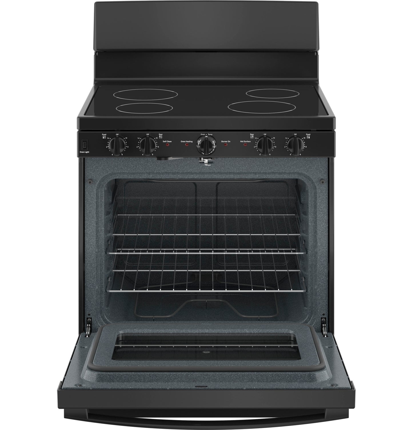 Black electric radiant cooktop range with open oven door showing oven racks in kitchen appliances and home improvement collections