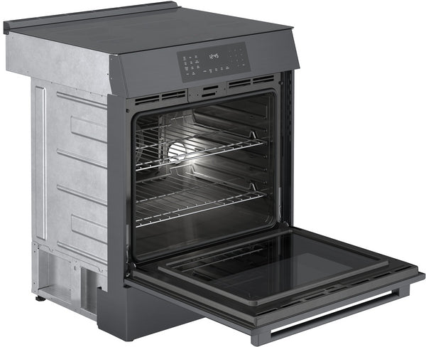 Black stainless steel 30-inch induction slide-in range with open oven door and digital touch control panel