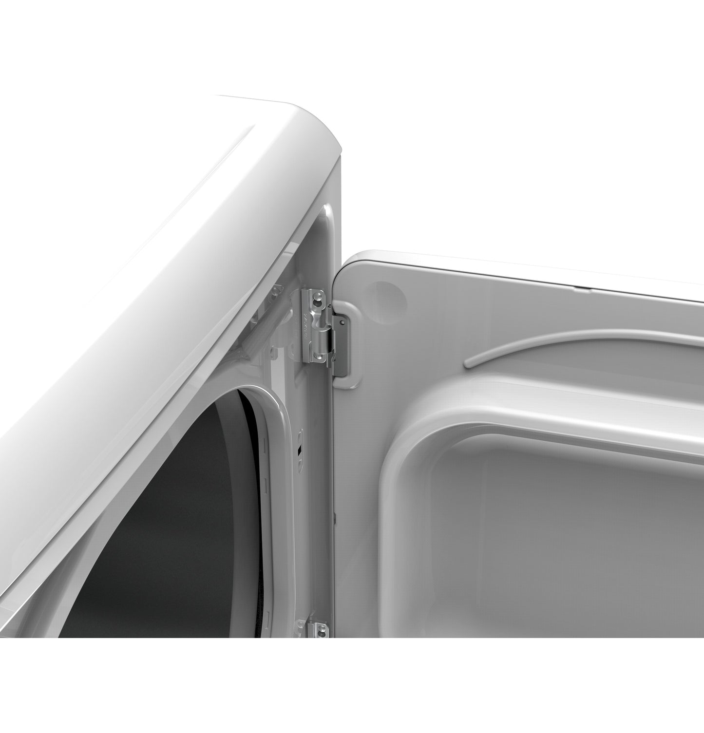 Close-up of white gas dryer door hinge and inner panel in appliances and dryers collection