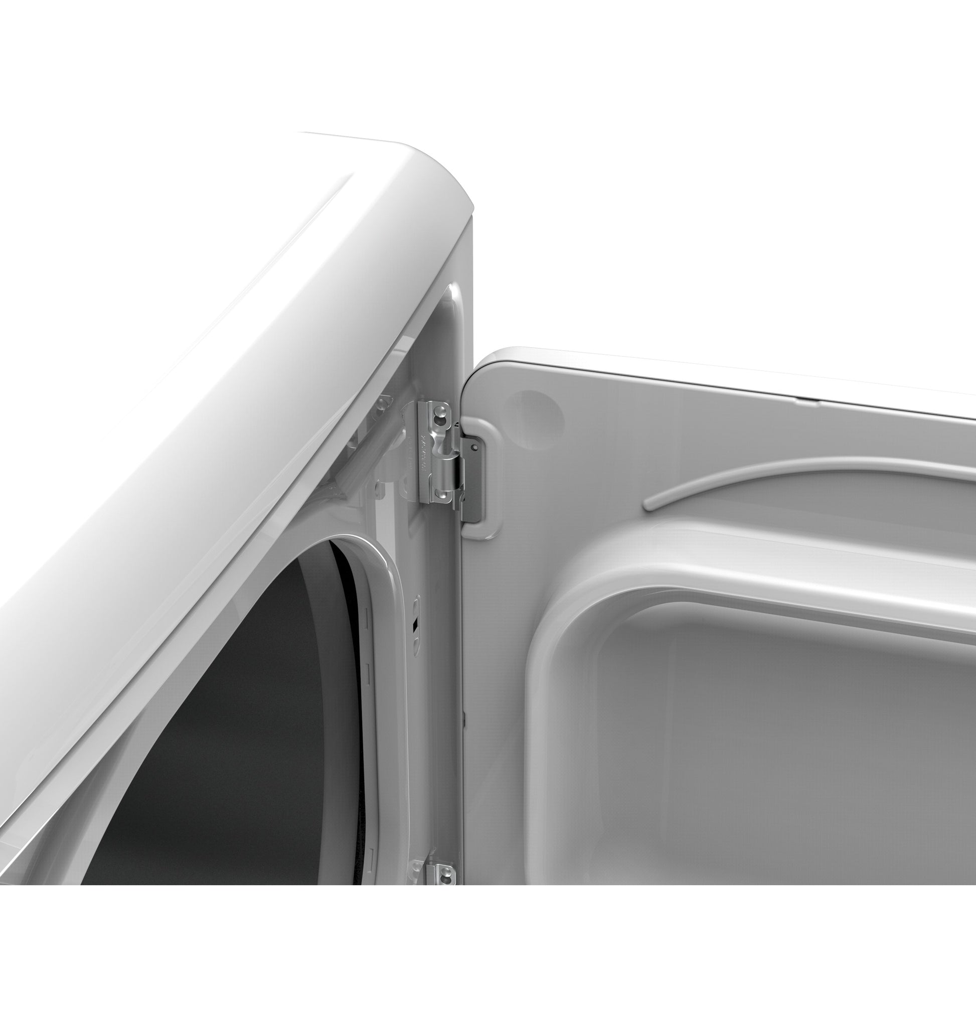 Close-up of white gas dryer door hinge and inner panel in appliances and dryers collection