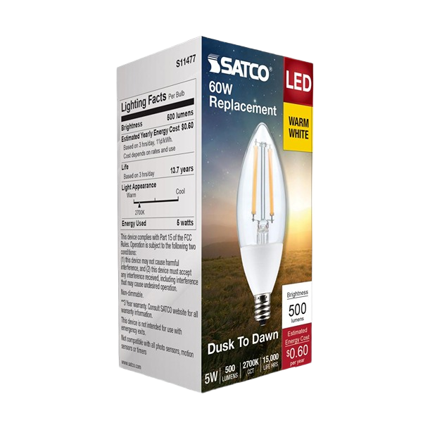 Energy-saving B11 LED bulb with warm white light and dusk-to-dawn sensor, ideal for lighting and home improvement.
