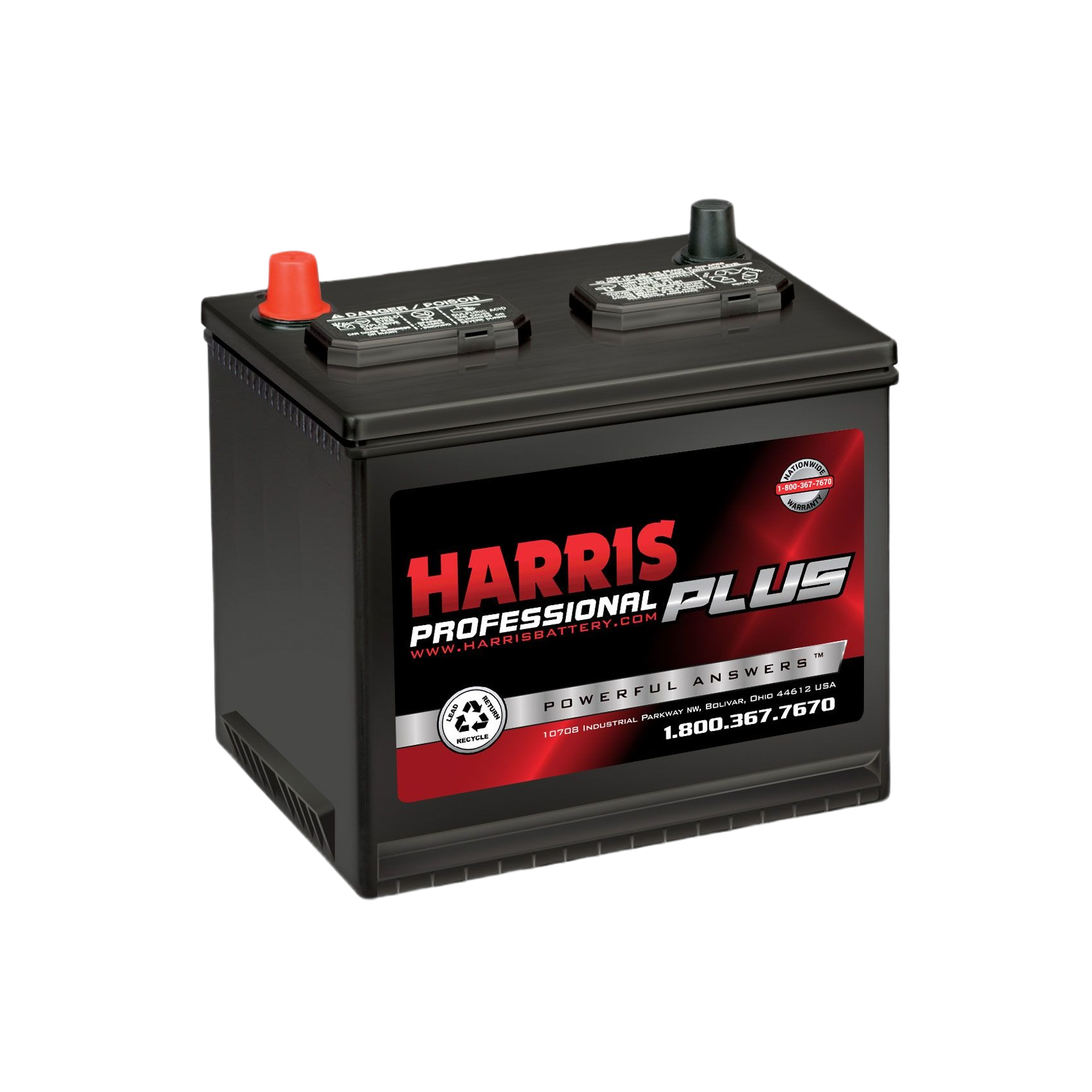 Black automotive flooded lead acid battery with red and black terminals for use in automotive and home improvement collections
