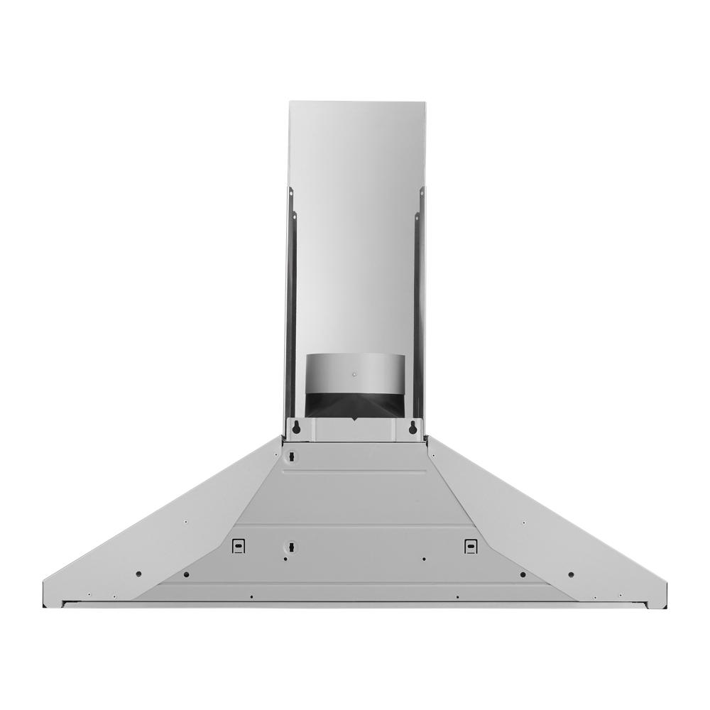 Stainless steel wall mount range hood with chimney design and dishwasher-safe grease filters for kitchen ventilation
