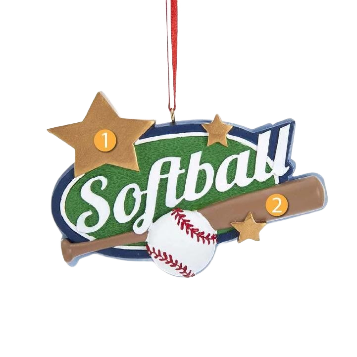 Personalized softball-themed ornament featuring stars, bat, and ball in Christmas decor collection under $50