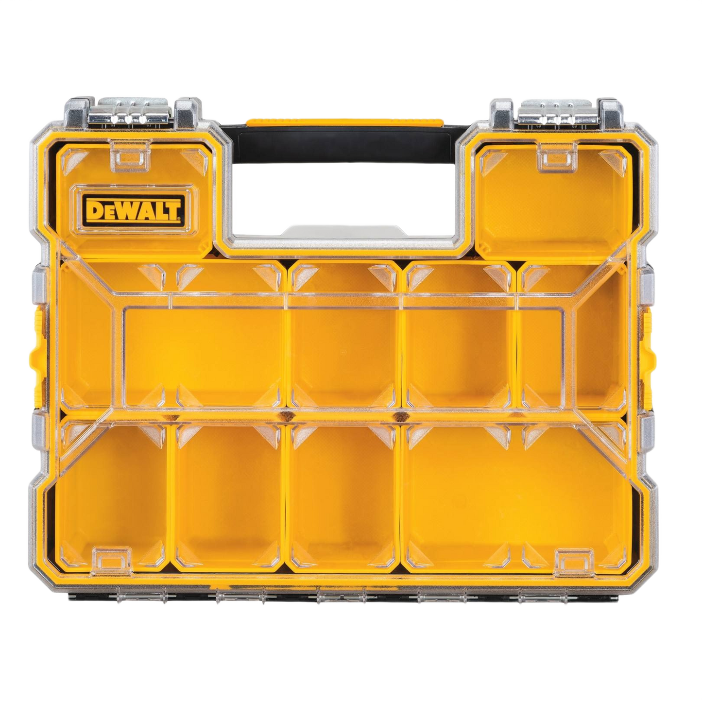 Compact yellow and transparent tool organizer box with multiple removable compartments for workshop and jobsite storage solutions