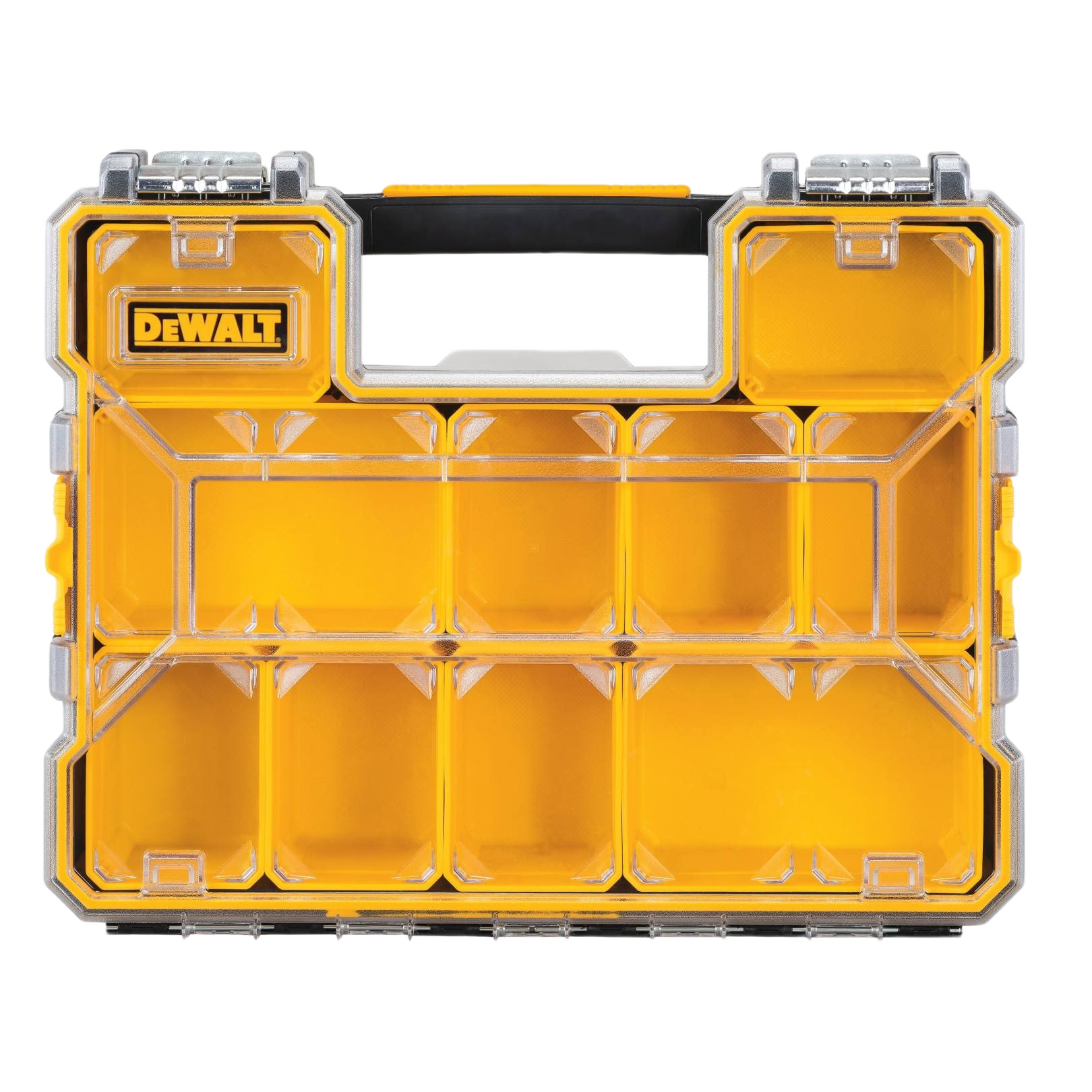 Compact yellow and transparent tool organizer box with multiple removable compartments for workshop and jobsite storage solutions
