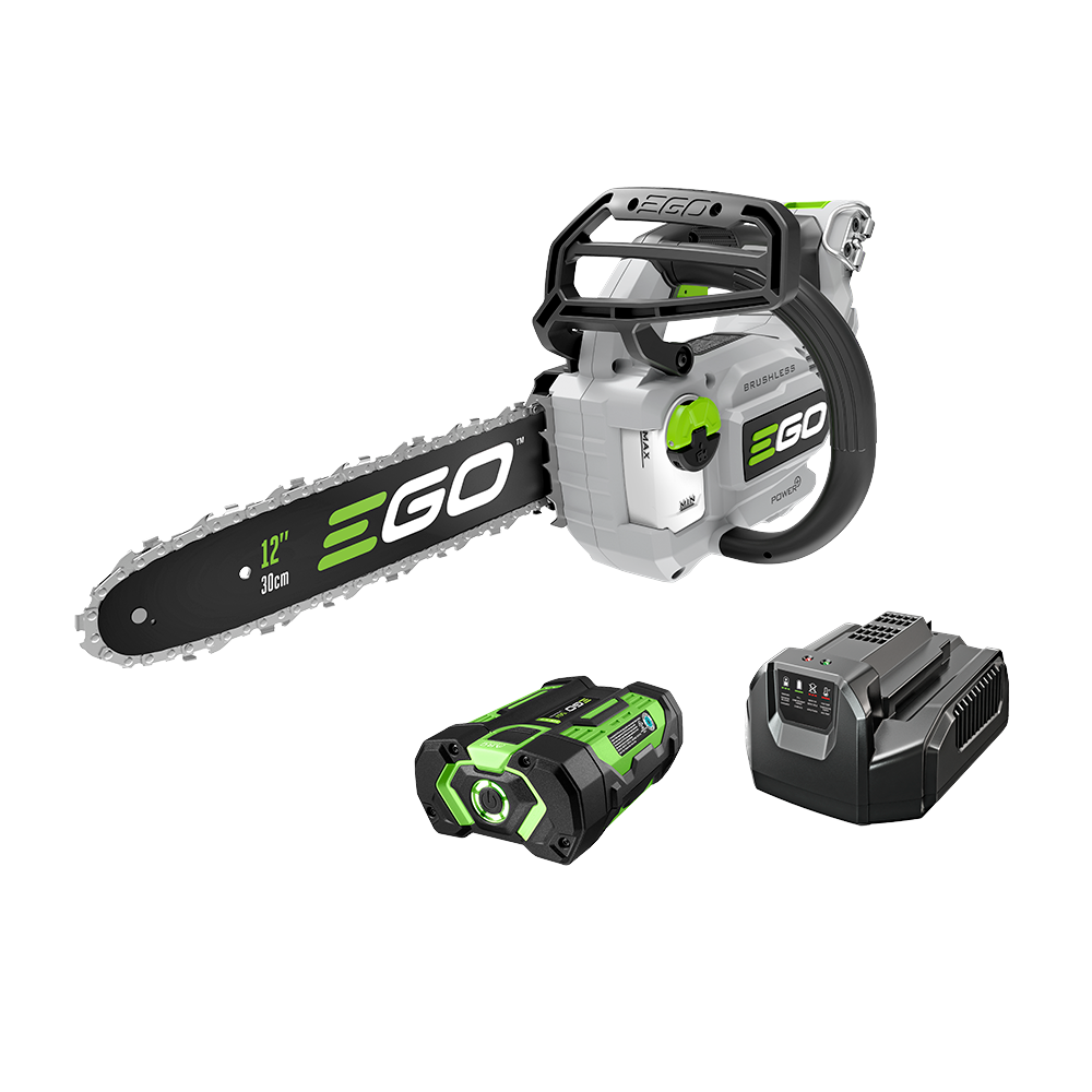 Compact cordless chainsaw with 12-inch bar, battery pack, and charger for efficient tools and home improvement tasks