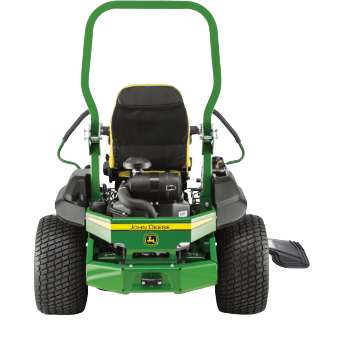 Rear view of a green John Deere zero turn mower with wide rear tires and roll bar for lawn and garden maintenance