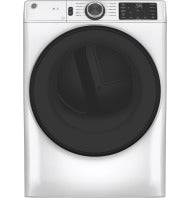 White smart front load electric dryer with large black door, digital controls, and sanitize cycle in dryers collection
