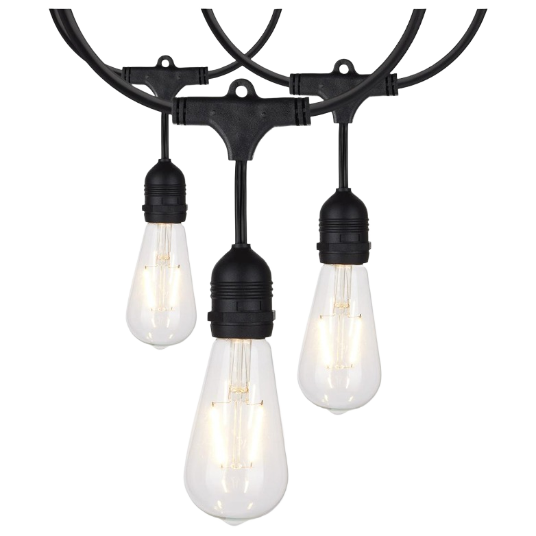 Black wire string lights with three warm white vintage-style LED bulbs for indoor and outdoor lighting projects