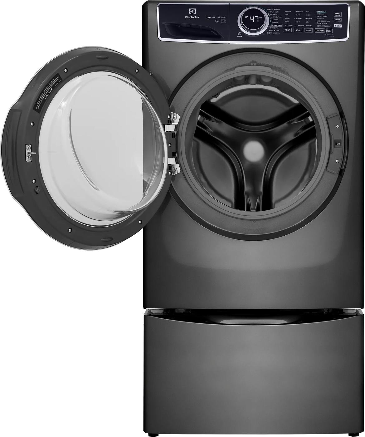 Electrolux dark gray front load washer with open door and digital controls in washers and appliances collection