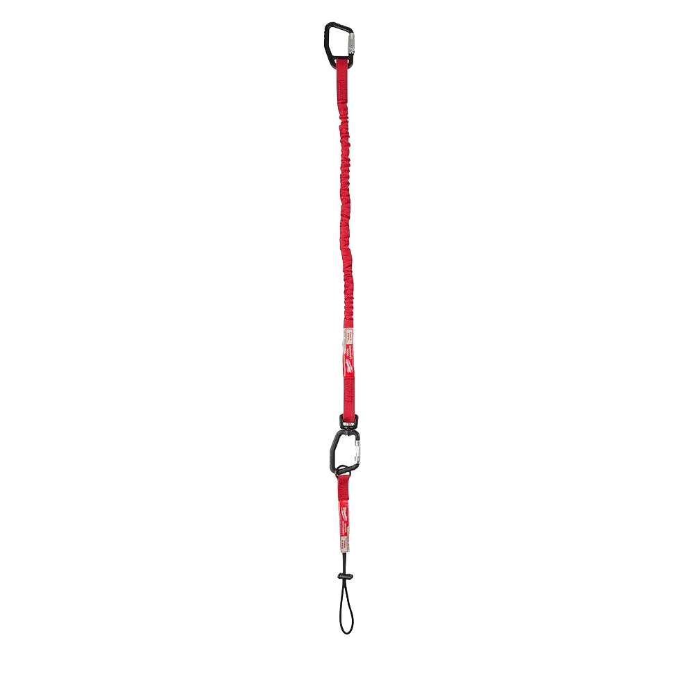Red quick-connect locking tool lanyard with metal clips for safety and tool security in hardware and safety equipment collections