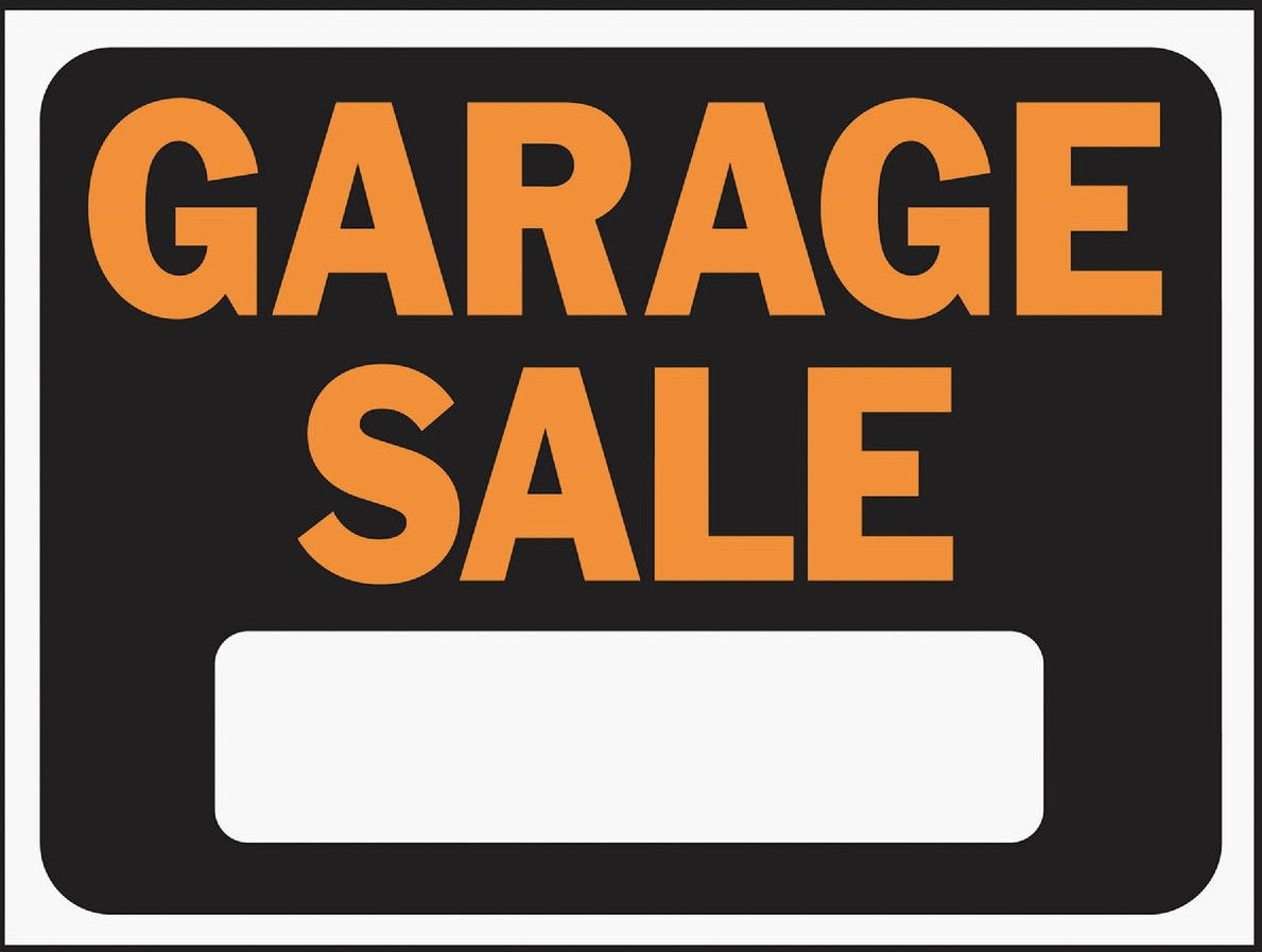 Black and orange plastic garage sale sign with blank white space, part of Hardware and Signs collections under $25