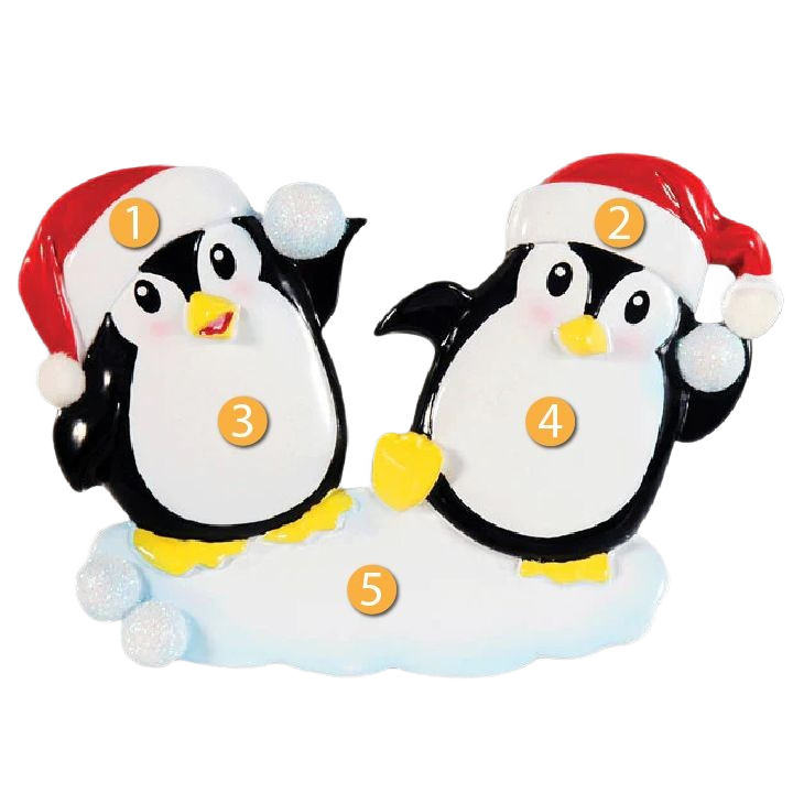 Pair of dancing penguin ornaments with red Santa hats on snowy base for Christmas Ornaments & Tree Decorations under $50 collection