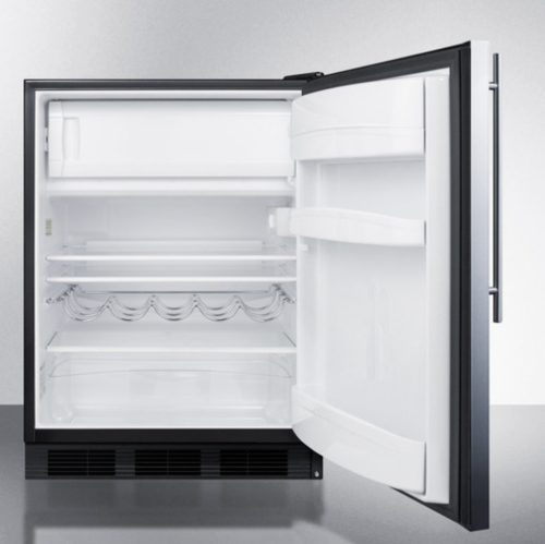 24" wide refrigerator-freezer with left-hand door, featuring adjustable shelves, wine rack, and crispers in kitchen appliances collection