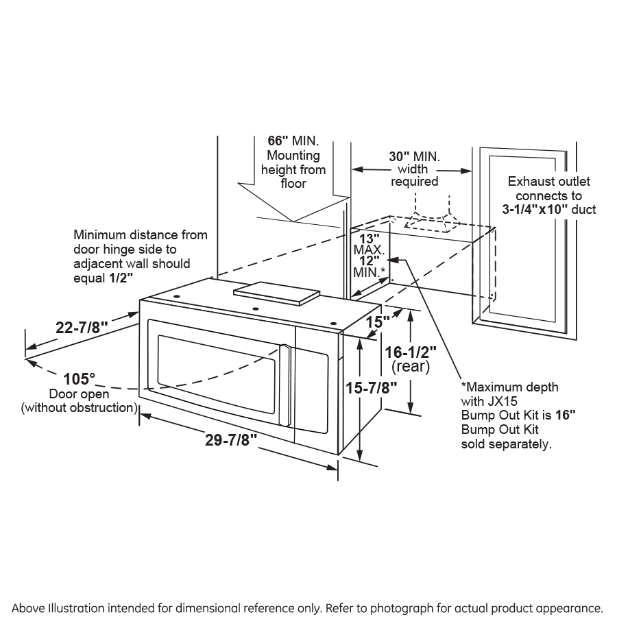 Line drawing showing installation dimensions and vent connection details for an over-the-range microwave in kitchen appliances collection