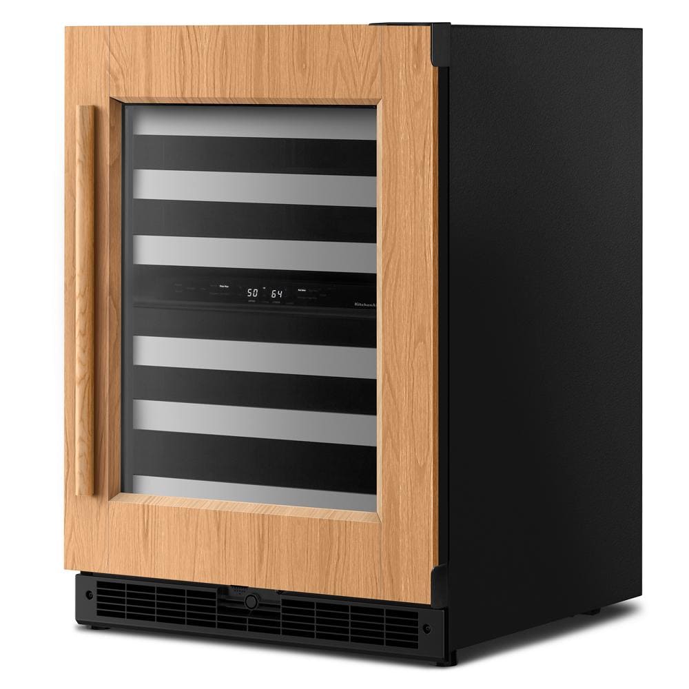 24-inch undercounter wine cellar with wood panel door, metal racks, and digital temperature display from KitchenAid collection