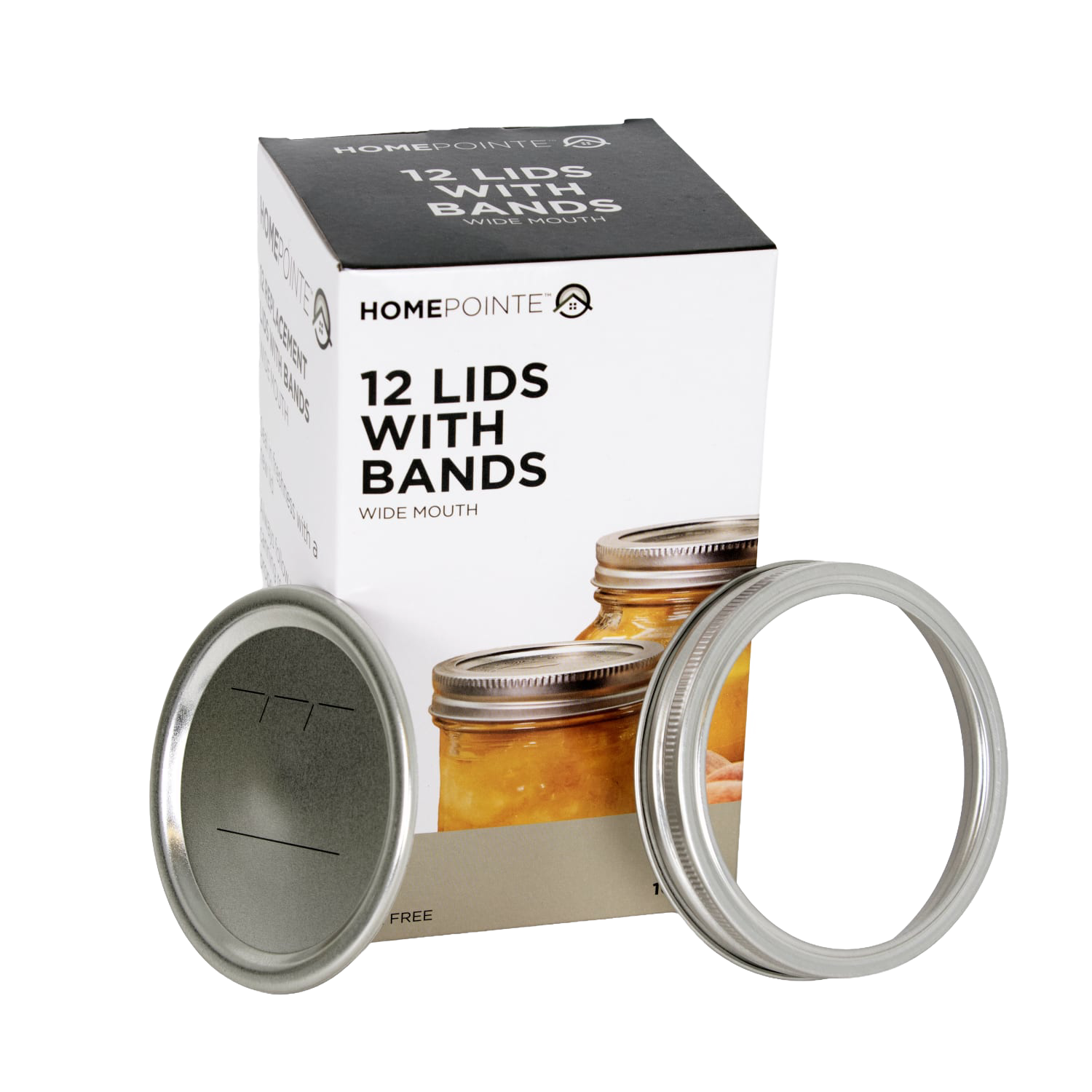 Box of 12 wide-mouth metal canning lids with bands shown alongside jars of preserved fruit in kitchenware under $50 collection