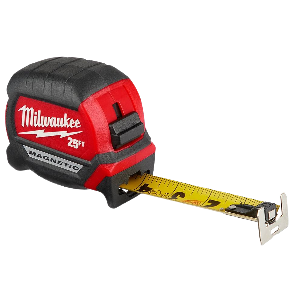 Red and black Milwaukee magnetic tape measure with 25-foot wide blade for woodworking and home improvement tools collections