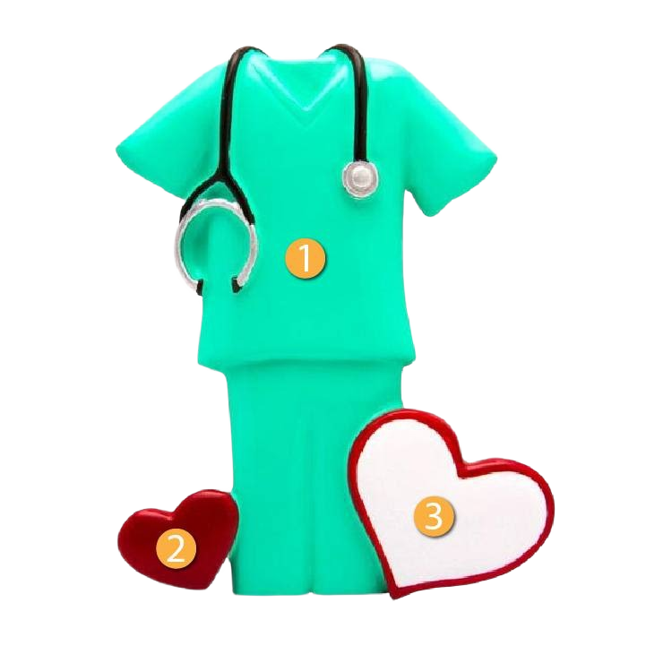 Green medical scrubs ornament with stethoscope and two heart shapes in Christmas Ornaments & Tree Decorations collection