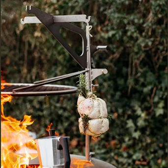 Heavy-duty kettle hook with adjustable height for suspending cookware over fire pits in outdoor living and patio furniture settings