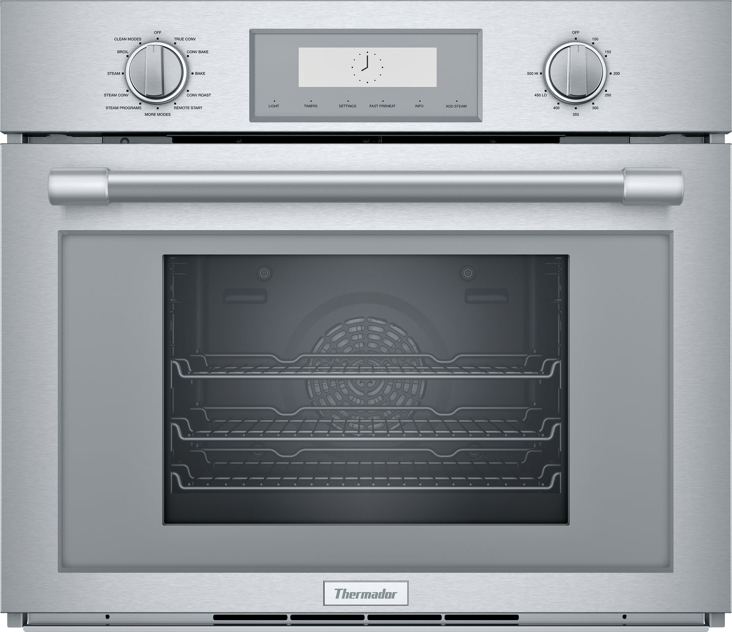 Front view of stainless steel steam convection wall oven with dual control knobs and digital display in kitchen appliances collection
