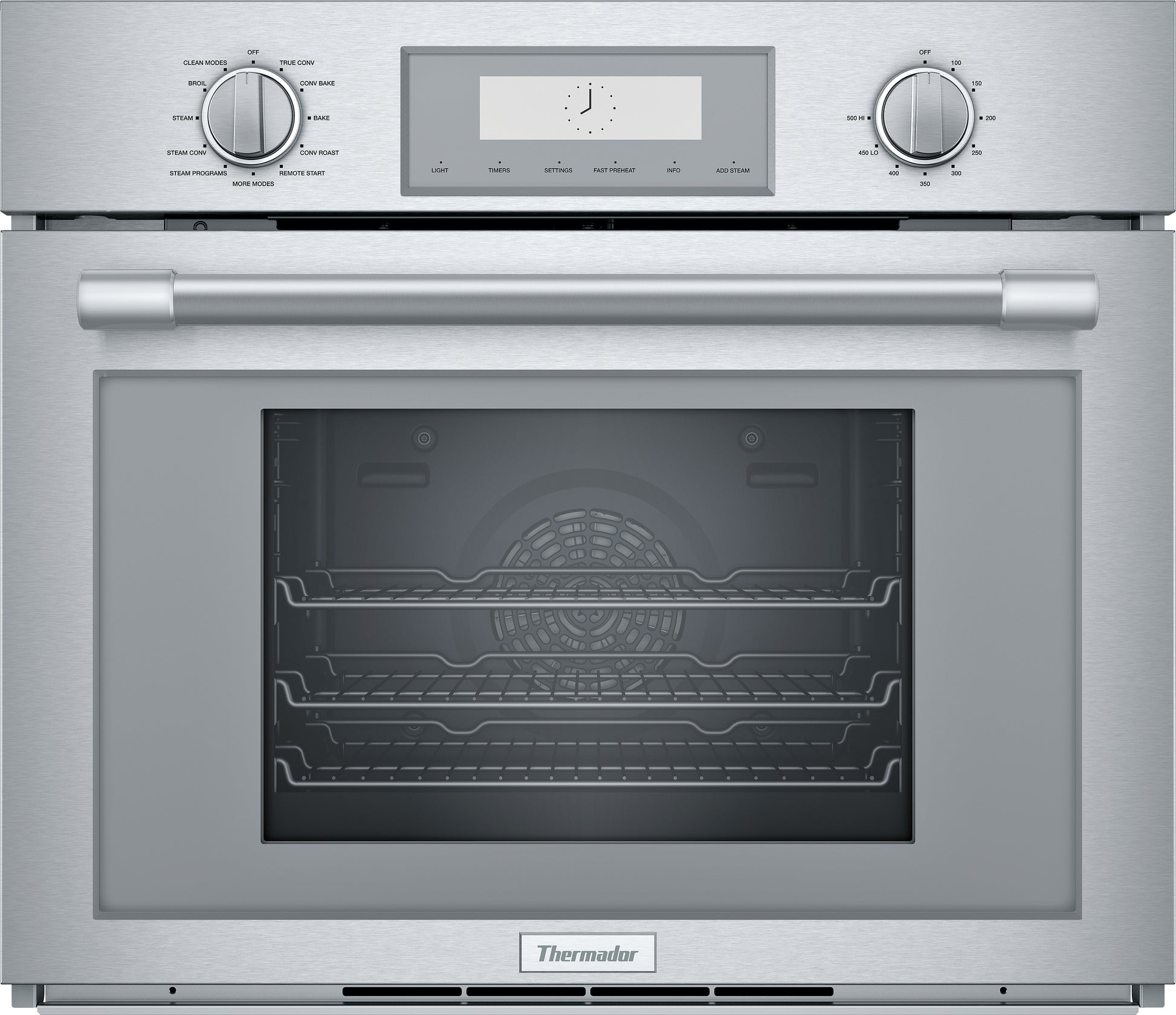 Front view of stainless steel steam convection wall oven with dual control knobs and digital display in kitchen appliances collection
