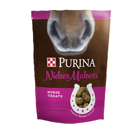 Brown and purple bag of Purina horse treats with a horse nose visible at the top of the packaging
