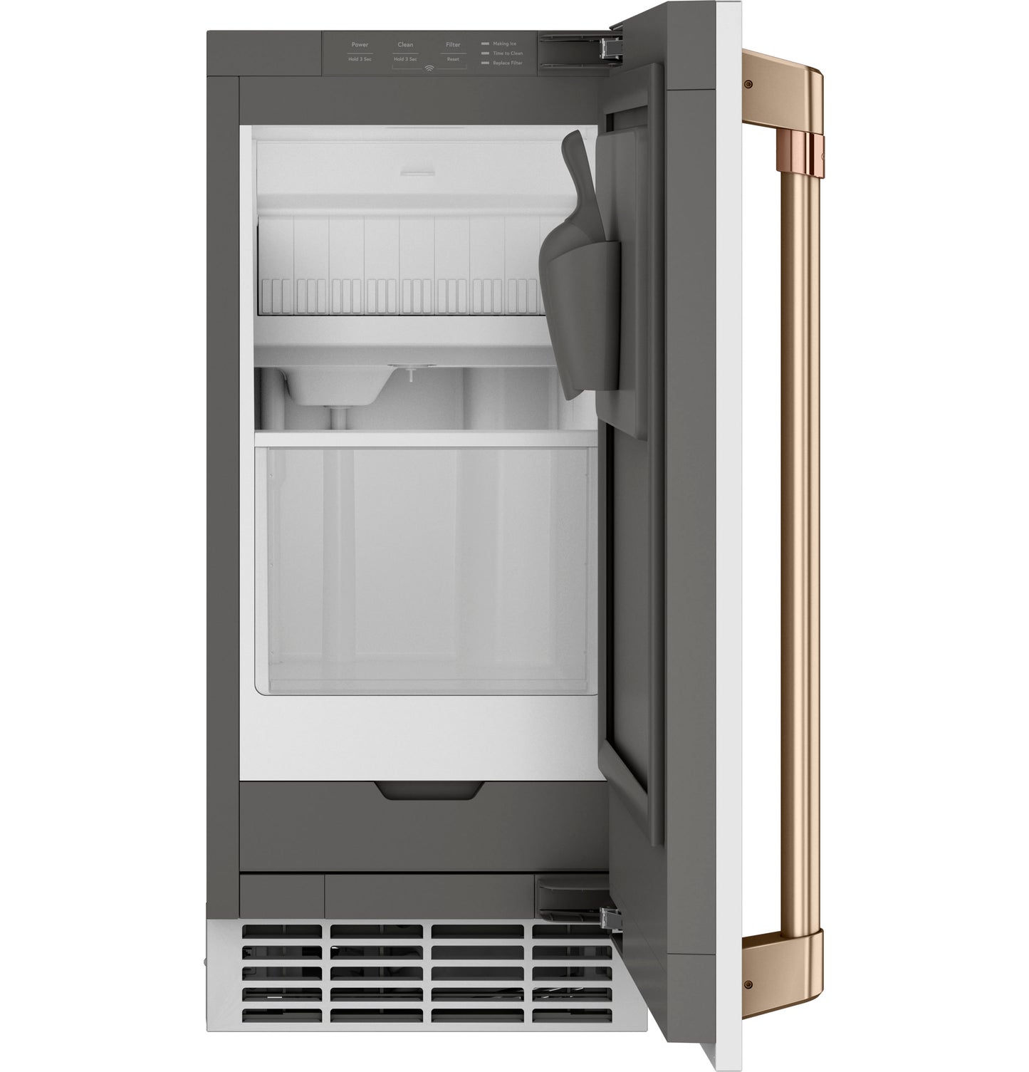 Open built-in ice maker door kit in dark stainless steel with gold handle and interior ice scoop from refrigerators collection