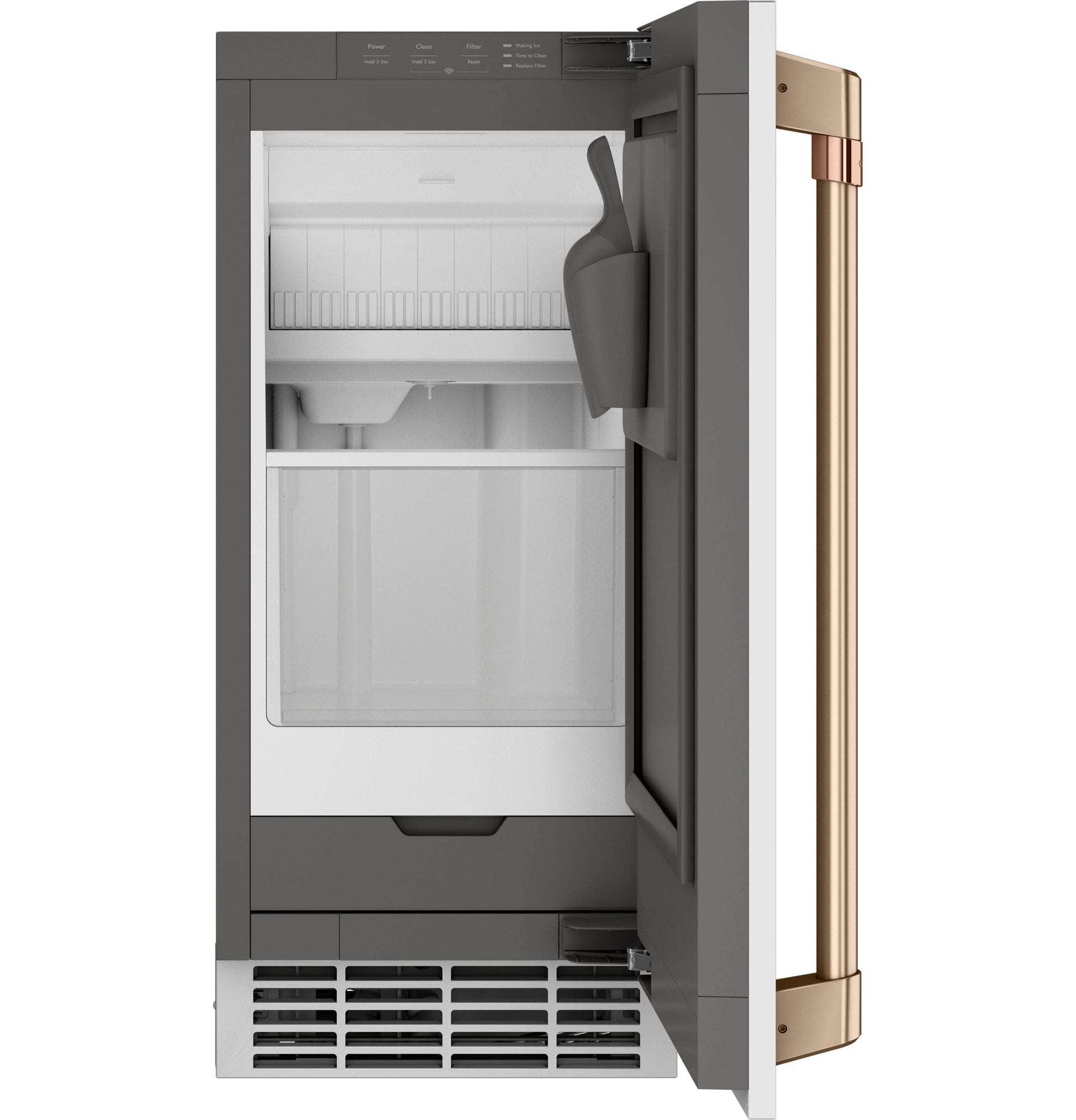 Open built-in ice maker door kit in dark stainless steel with gold handle and interior ice scoop from refrigerators collection