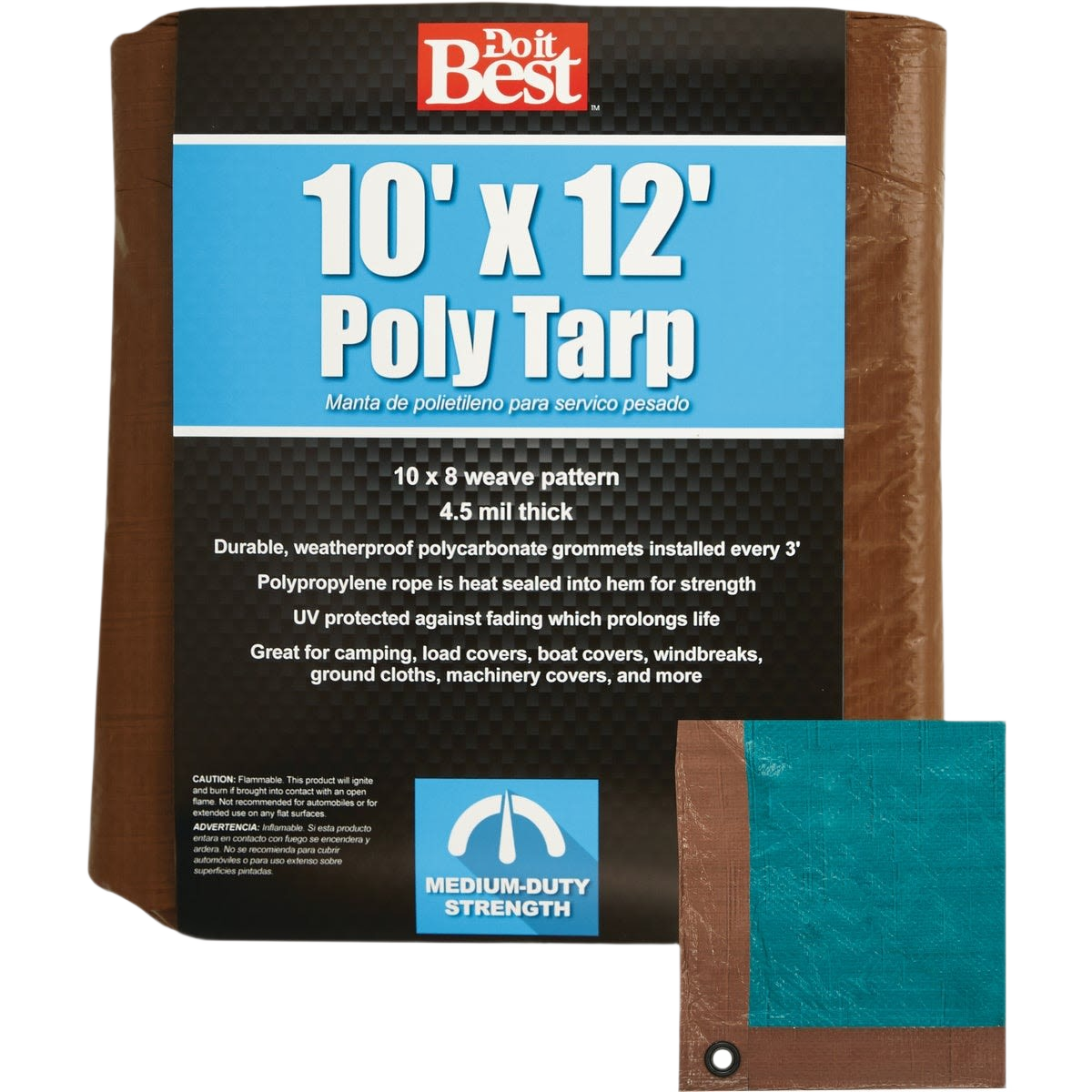 Medium duty brown and green poly tarp with reinforced grommets for weather-resistant protection in home improvement projects