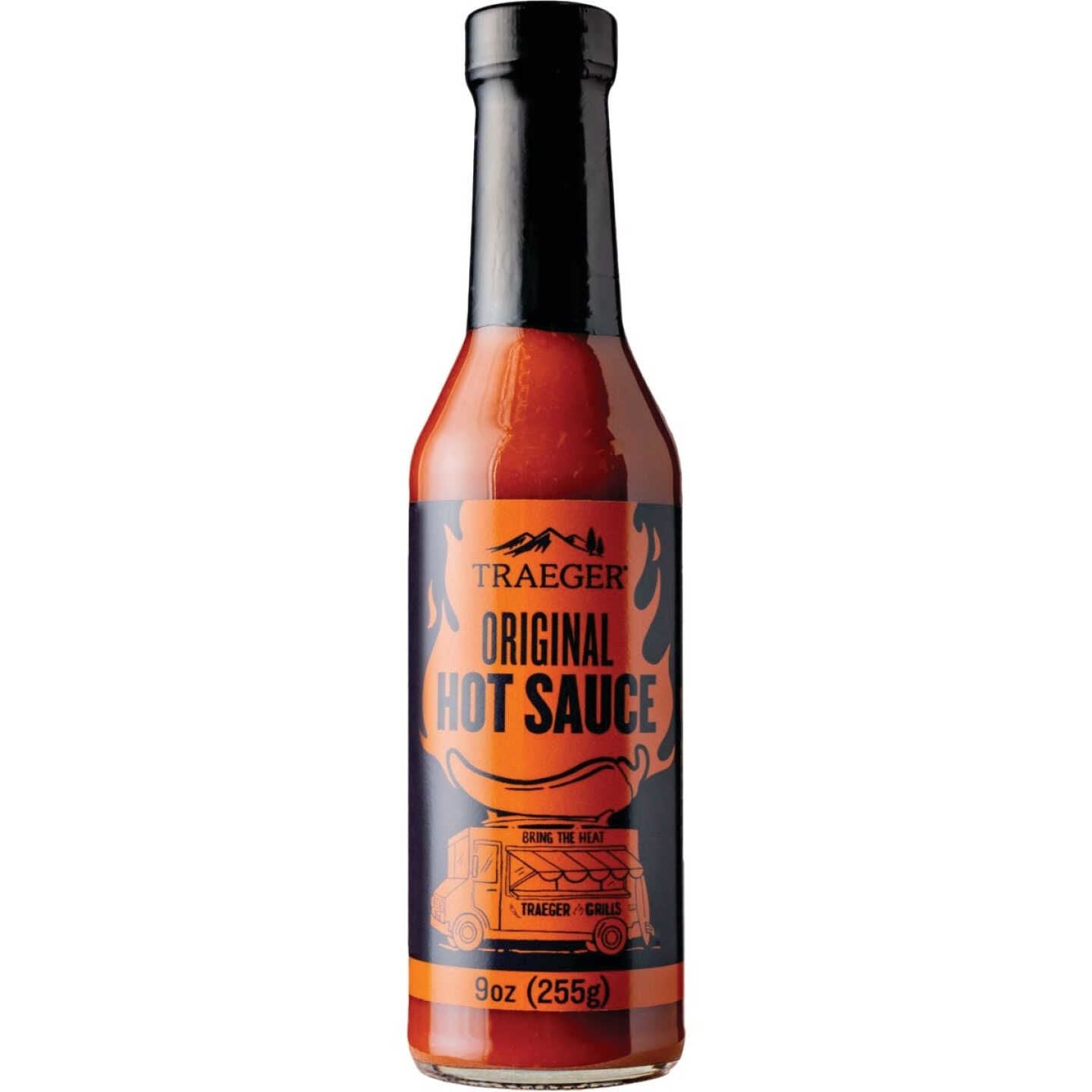 9 oz bottle of Traeger Original hot sauce with bold spicy flavor for grilling and outdoor cooking enthusiasts