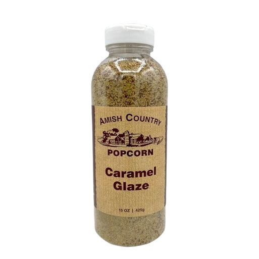 Clear plastic bottle of Amish Country Popcorn caramel glaze seasoning with white flip cap for popcorn topping